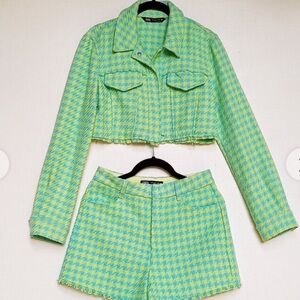 Zara Mint Green and Light Yellow Houndstooth Cropped Jacket